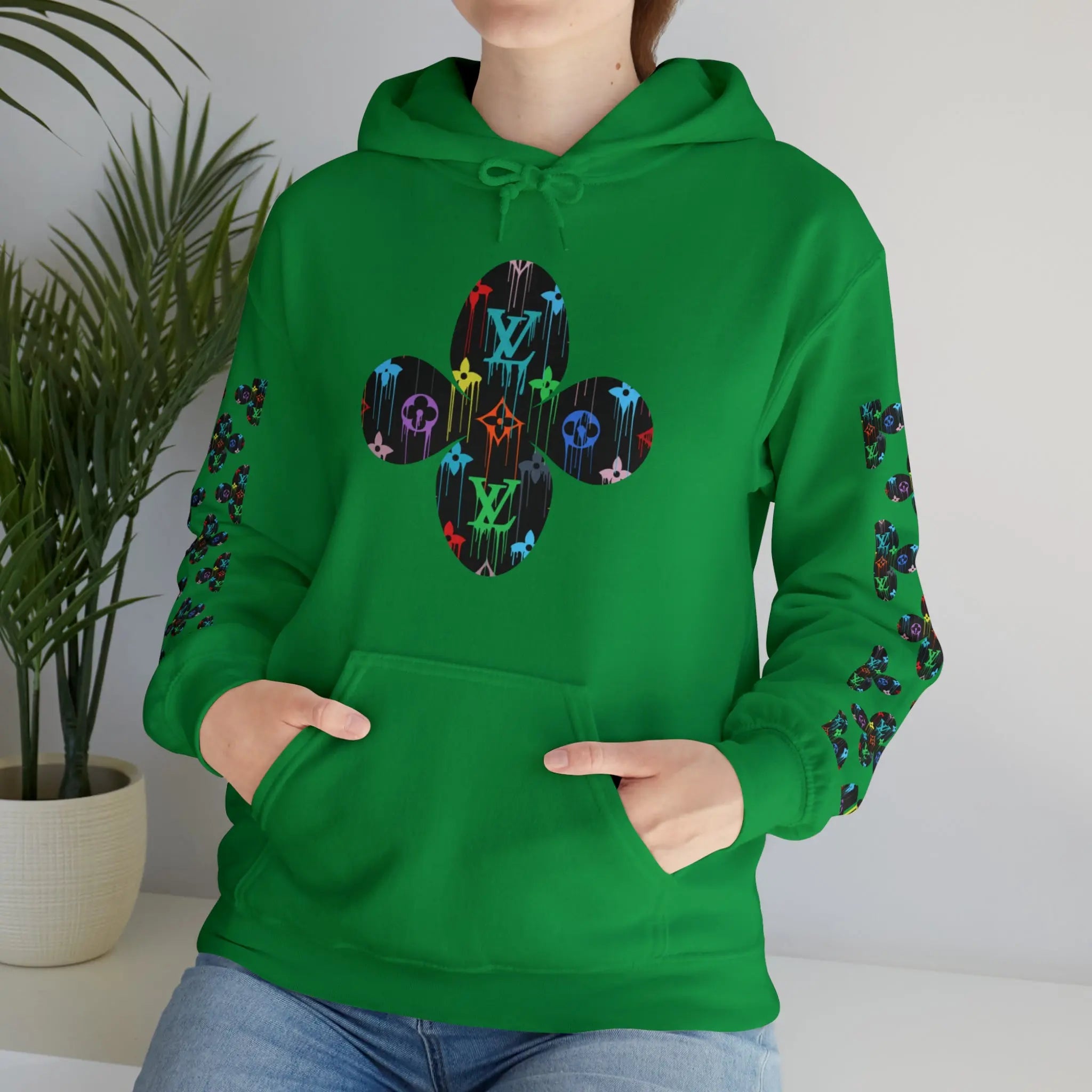  Multi-Colour Dripping Icons Flower with Sleeve Print Unisex Heavy Blend Hooded Sweatshirt Hoodie