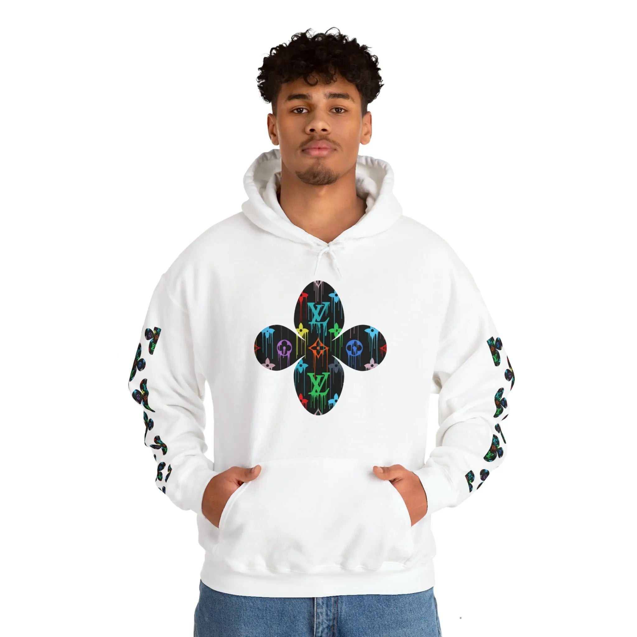  Multi-Colour Dripping Icons Flower with Sleeve Print Unisex Heavy Blend Hooded Sweatshirt Hoodie