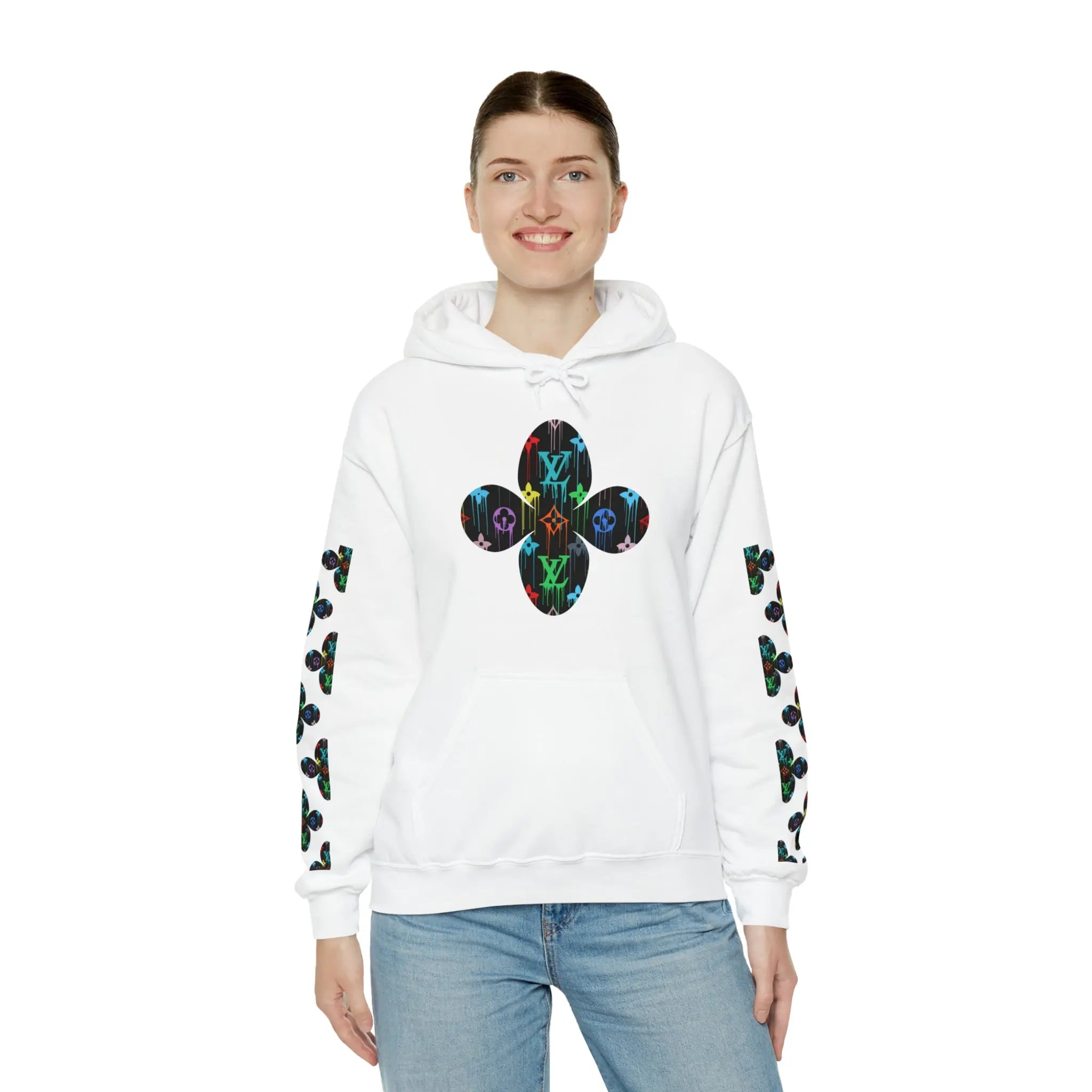  Multi-Colour Dripping Icons Flower with Sleeve Print Unisex Heavy Blend Hooded Sweatshirt Hoodie