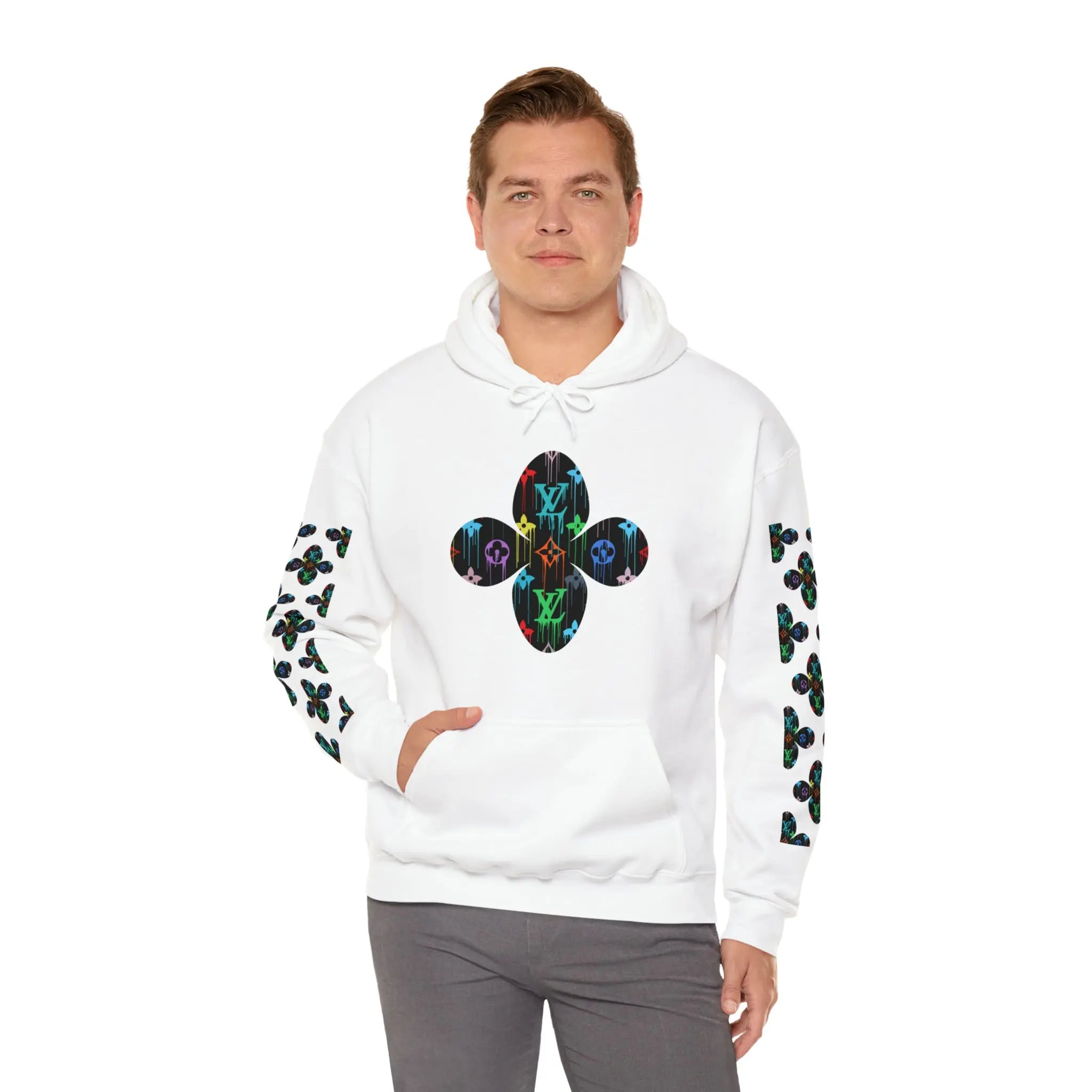  Multi-Colour Dripping Icons Flower with Sleeve Print Unisex Heavy Blend Hooded Sweatshirt Hoodie