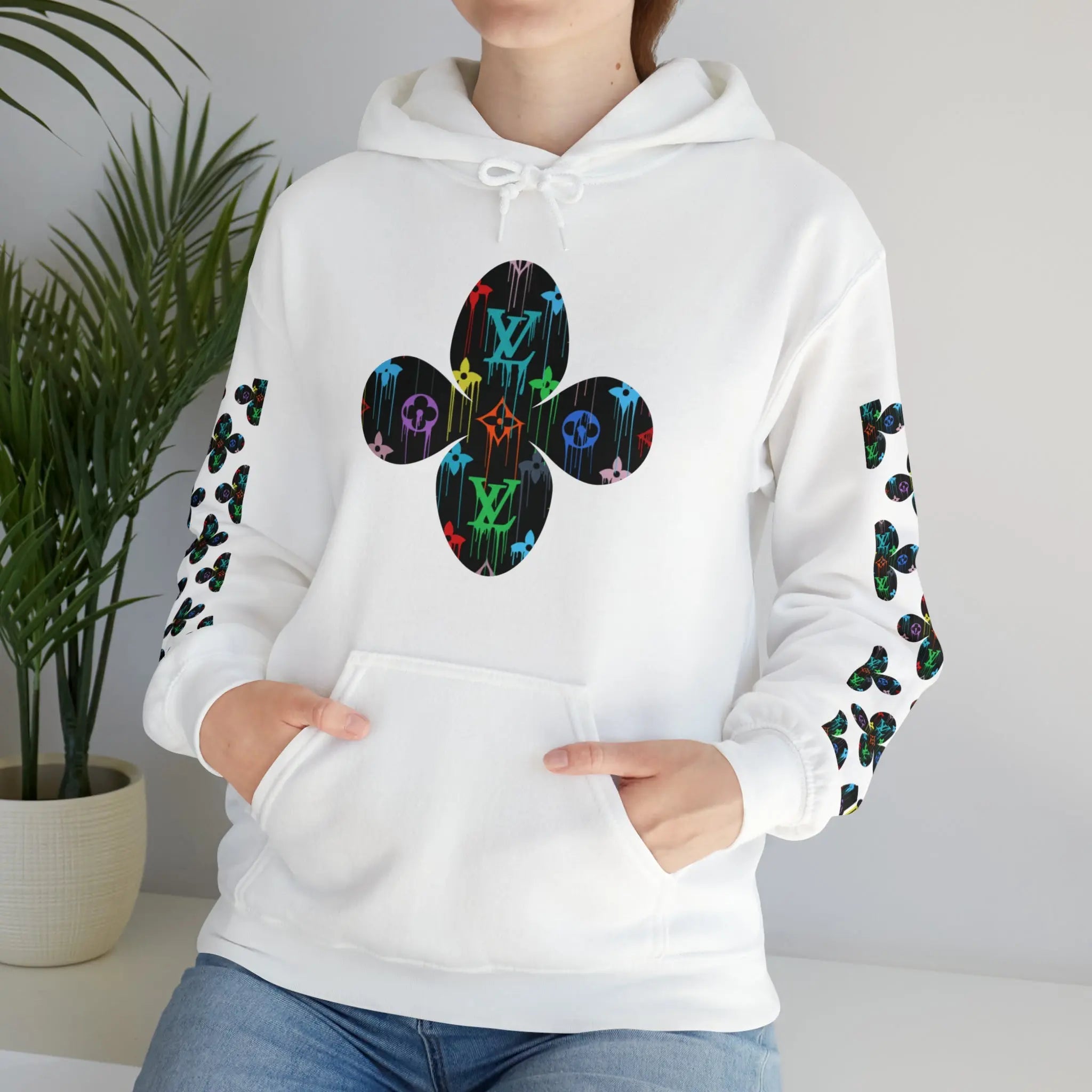  Multi-Colour Dripping Icons Flower with Sleeve Print Unisex Heavy Blend Hooded Sweatshirt Hoodie