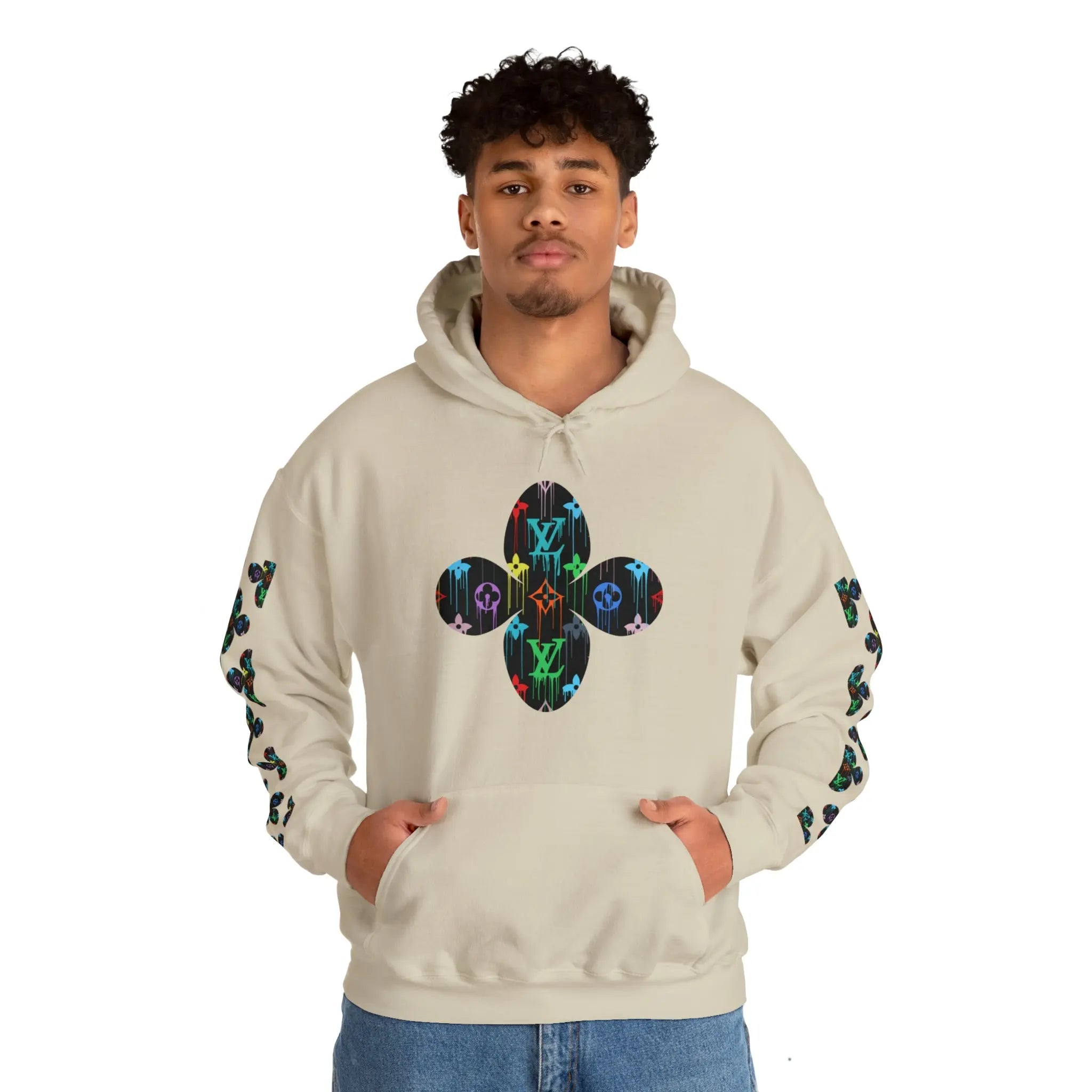  Multi-Colour Dripping Icons Flower with Sleeve Print Unisex Heavy Blend Hooded Sweatshirt Hoodie