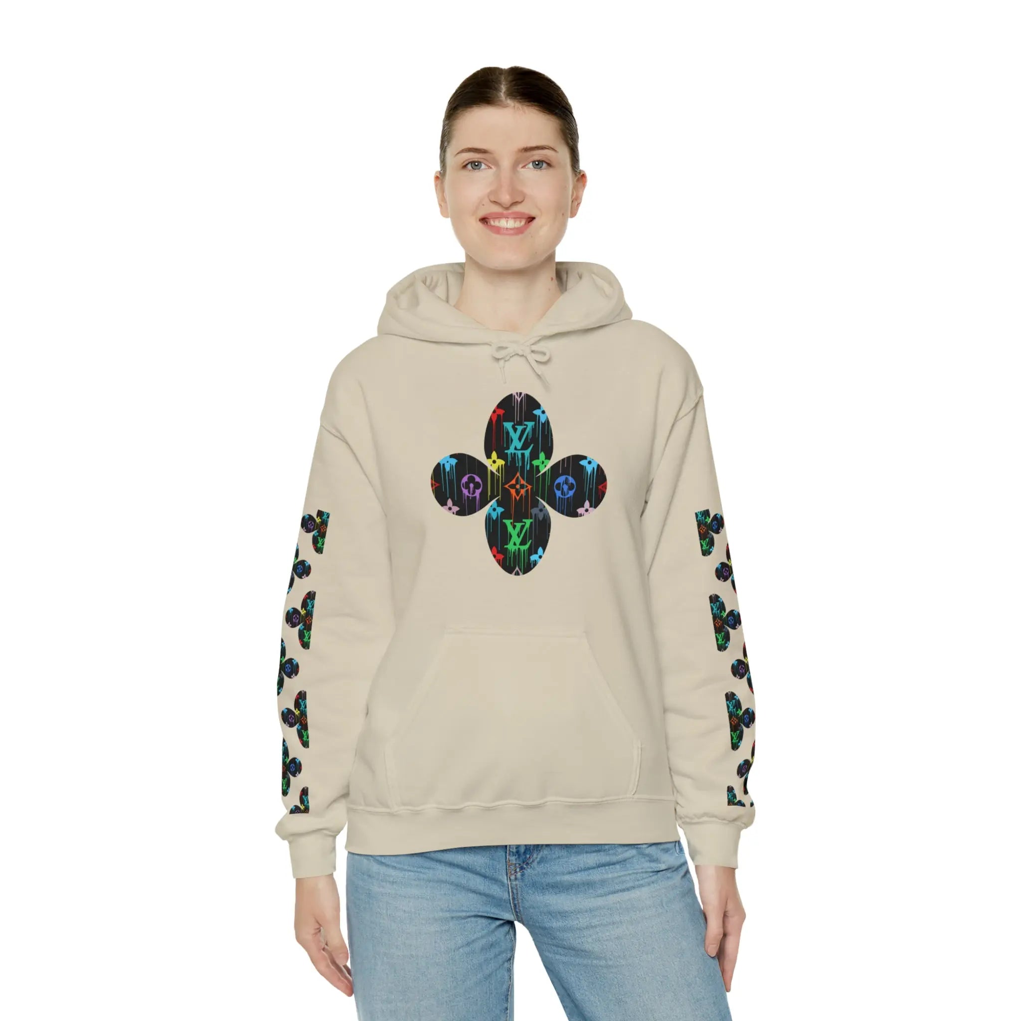  Multi-Colour Dripping Icons Flower with Sleeve Print Unisex Heavy Blend Hooded Sweatshirt Hoodie