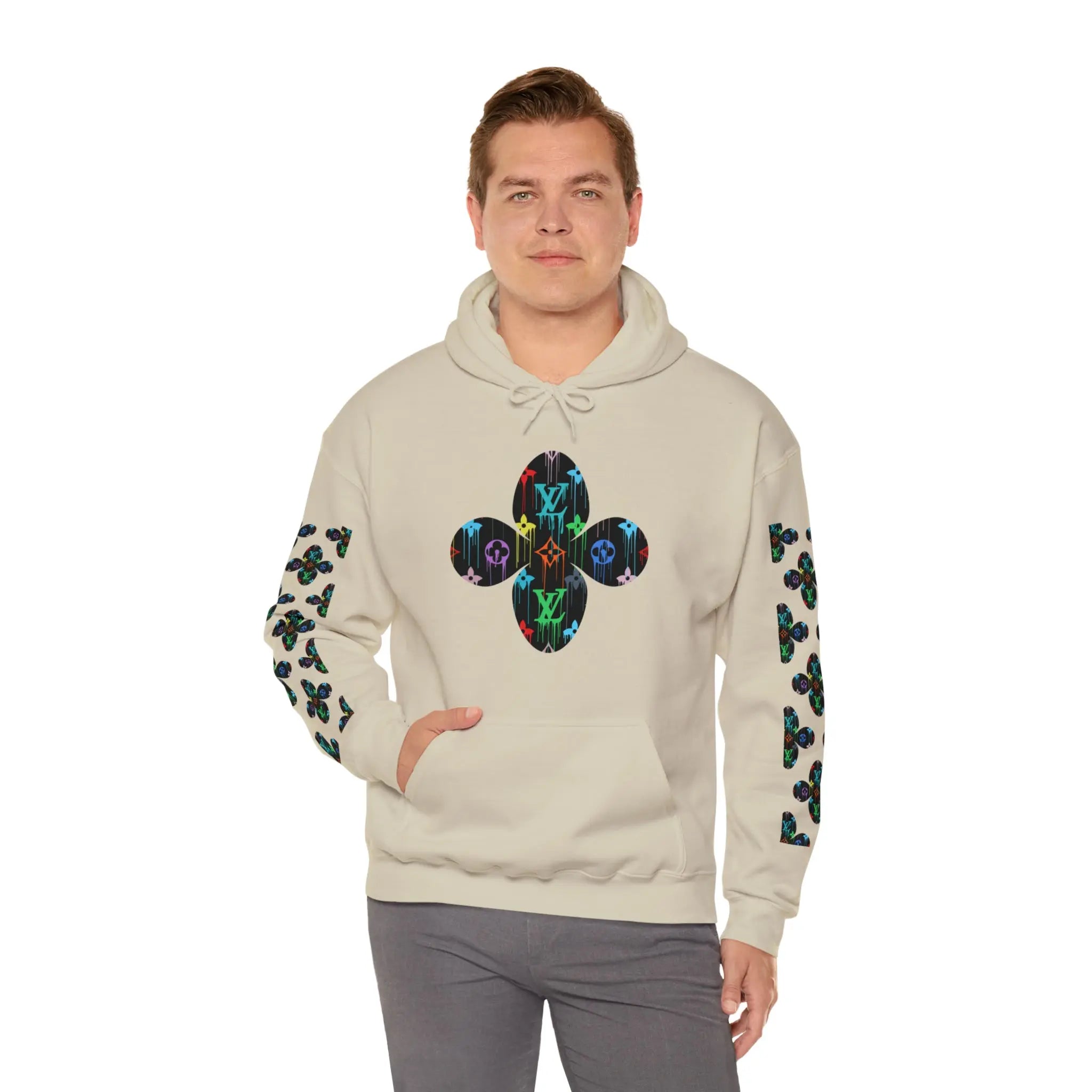  Multi-Colour Dripping Icons Flower with Sleeve Print Unisex Heavy Blend Hooded Sweatshirt Hoodie