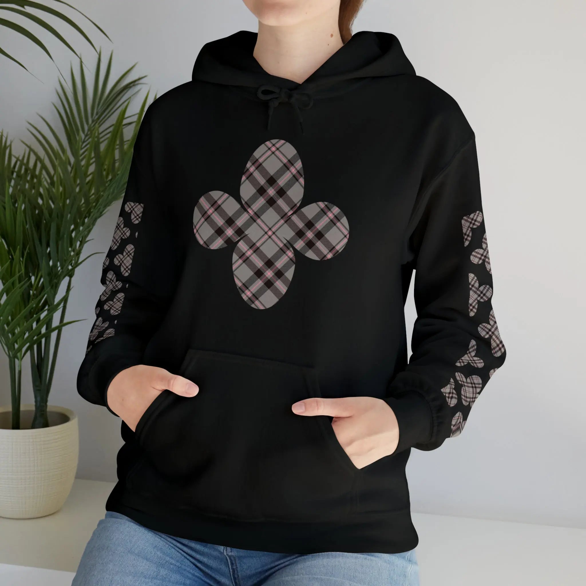  Pink Plaid Pattern Flower with Sleeve Print Unisex Heavy Blend Hooded Sweatshirt Hoodie