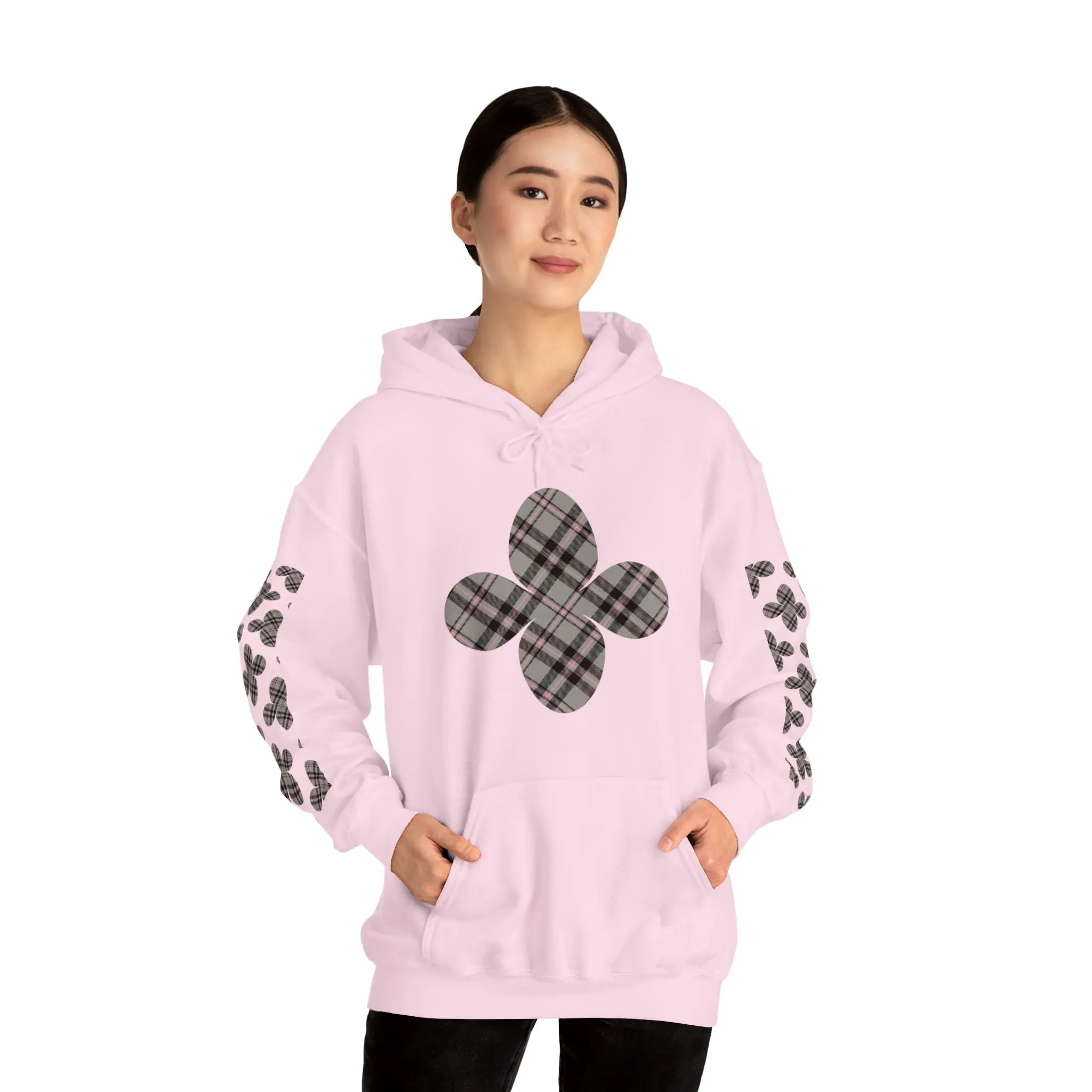  Pink Plaid Pattern Flower with Sleeve Print Unisex Heavy Blend Hooded Sweatshirt Hoodie