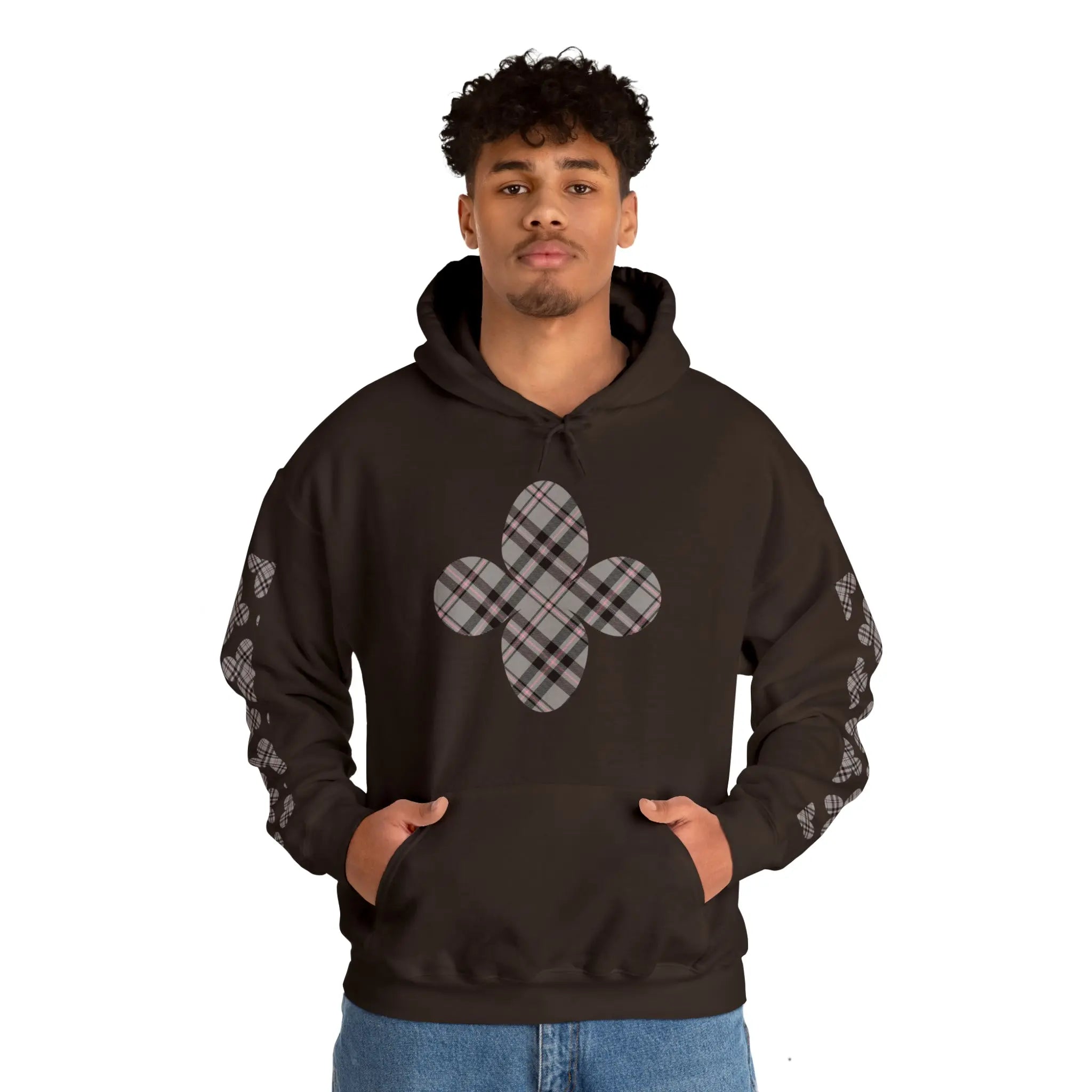  Pink Plaid Pattern Flower with Sleeve Print Unisex Heavy Blend Hooded Sweatshirt Hoodie