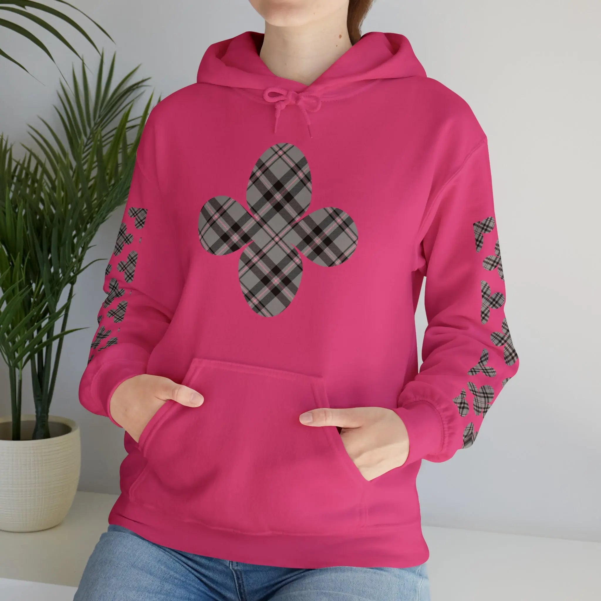  Pink Plaid Pattern Flower with Sleeve Print Unisex Heavy Blend Hooded Sweatshirt Hoodie