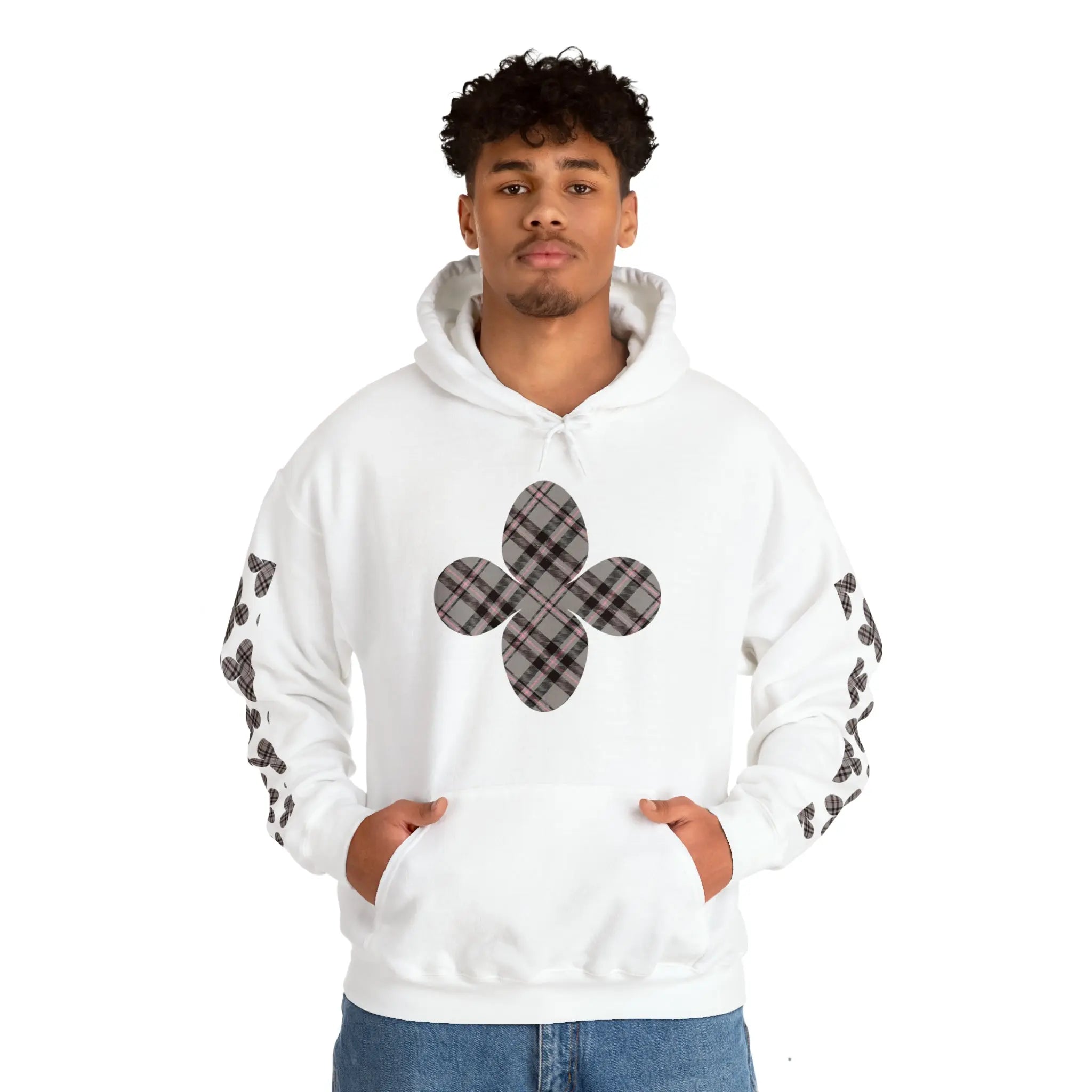  Pink Plaid Pattern Flower with Sleeve Print Unisex Heavy Blend Hooded Sweatshirt Hoodie