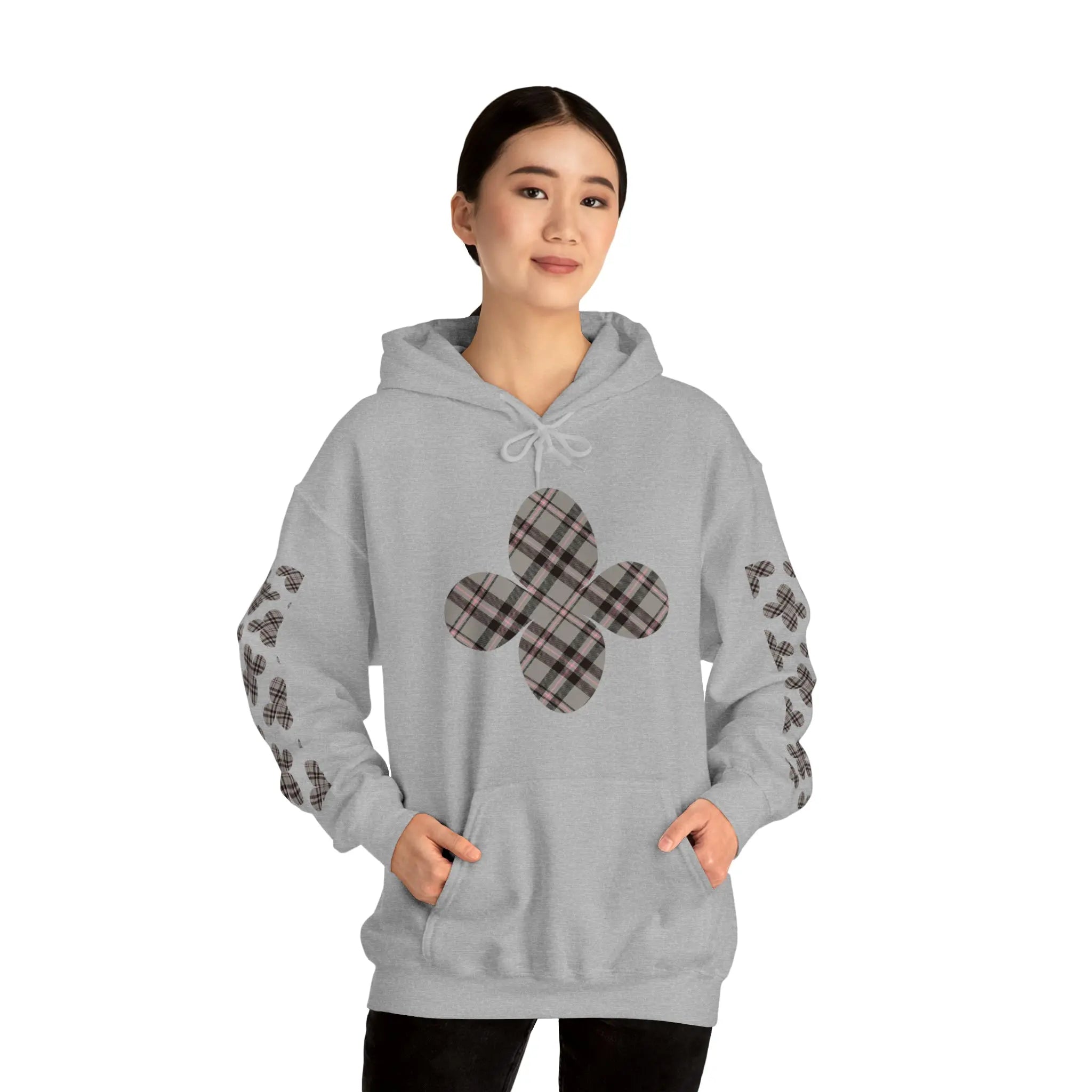  Pink Plaid Pattern Flower with Sleeve Print Unisex Heavy Blend Hooded Sweatshirt Hoodie