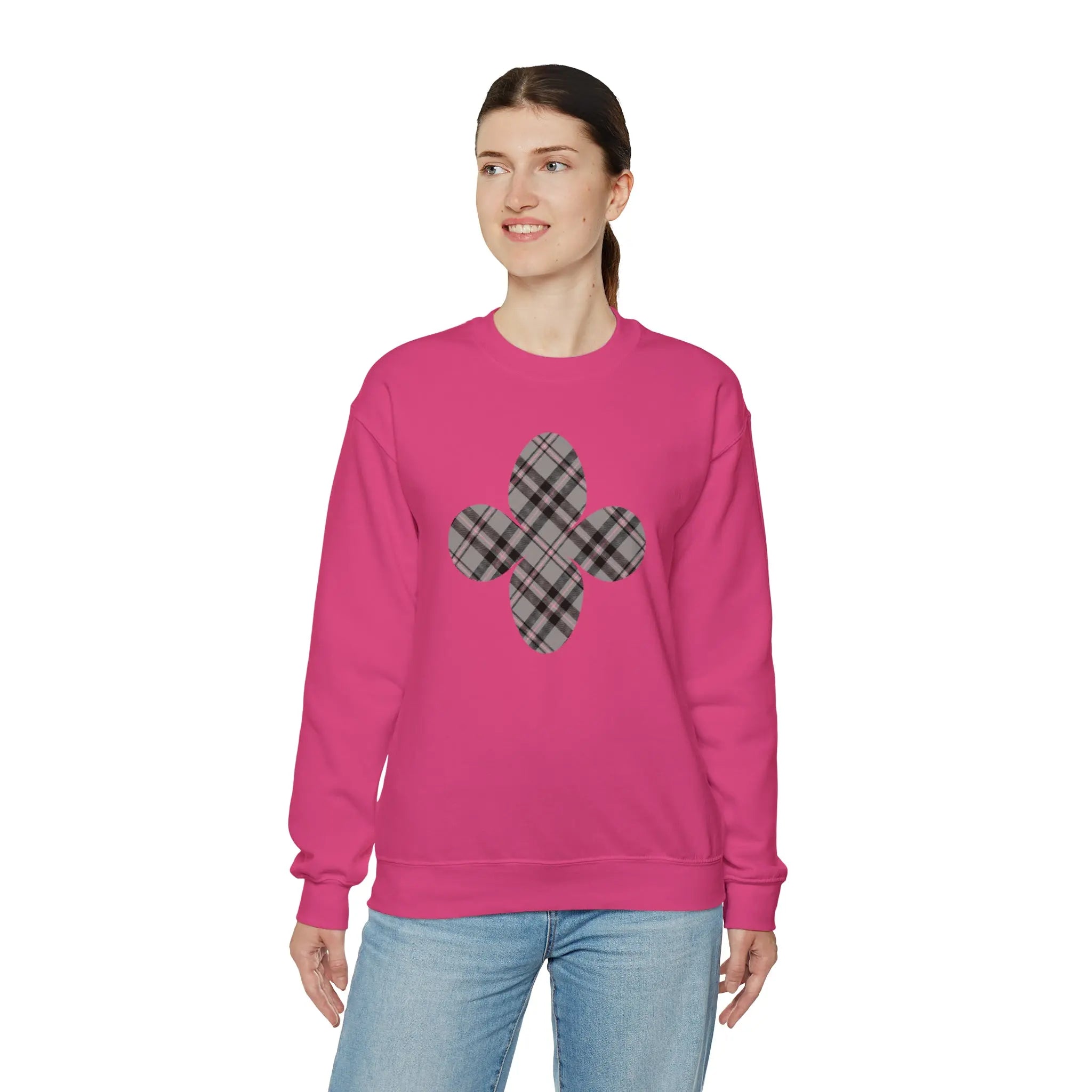  Pink Plaid Pattern Flower with Sleeve Print Unisex Heavy Blend Sweatshirt Sweatshirt