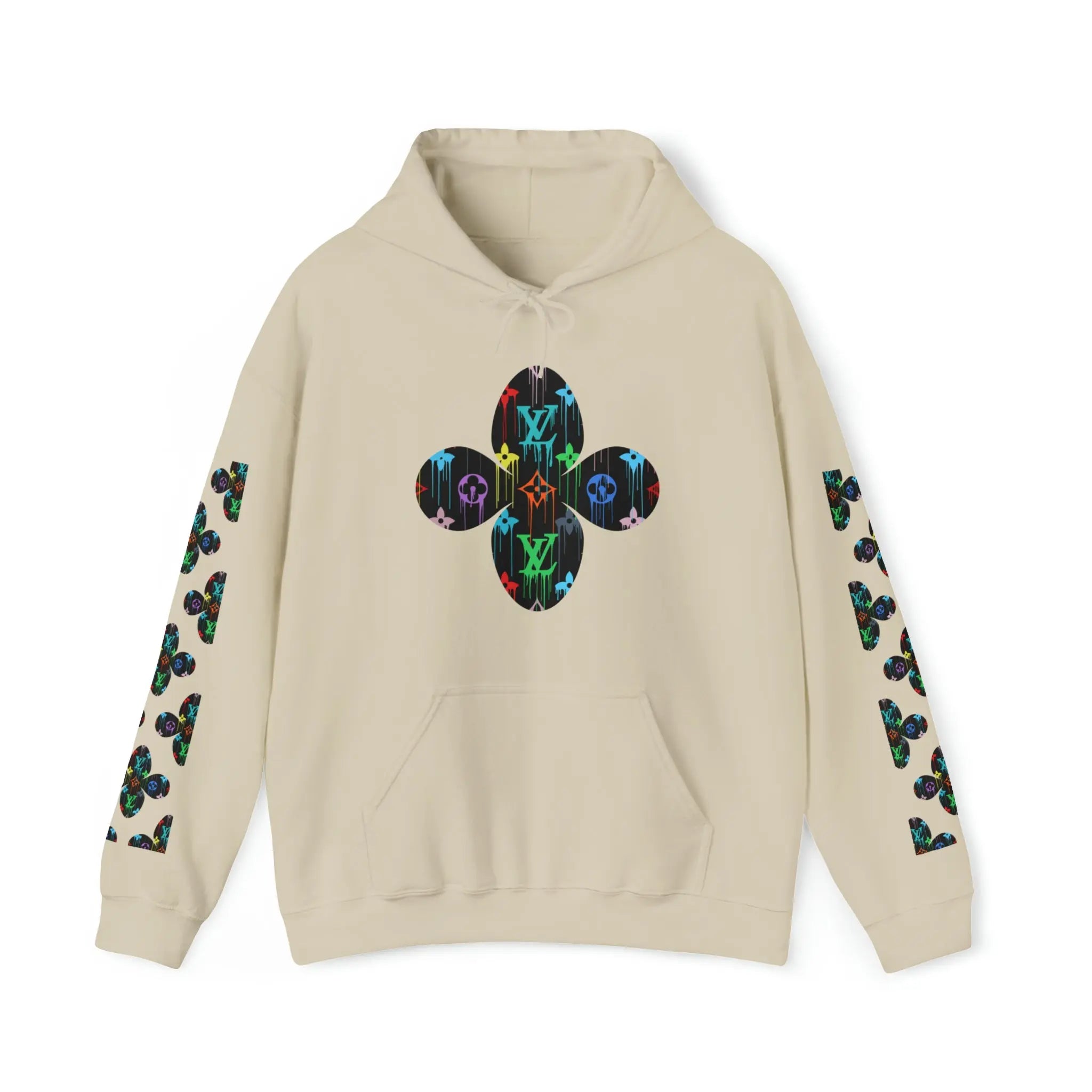  Multi-Colour Dripping Icons Flower with Sleeve Print Unisex Heavy Blend Hooded Sweatshirt HoodieSand5XL