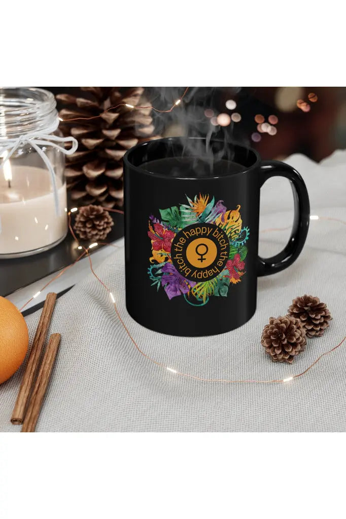 THE HAPPY BITCH (Golden) Flower Power 11oz Black Coffee Mug Mug