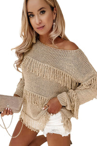 Khaki Boho Tasseled Knitted Sweater Tops  The Middle Aged Groove