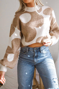 Khaki Big Flower Pattern Drop Shoulder Sweater Tops  The Middle Aged Groove